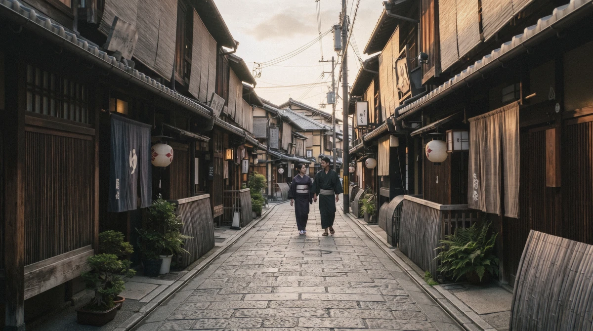 Lantern-lit machiya houses on a stone-paved Gion street walked on evening kyoto food tours in Kyoto, Japan