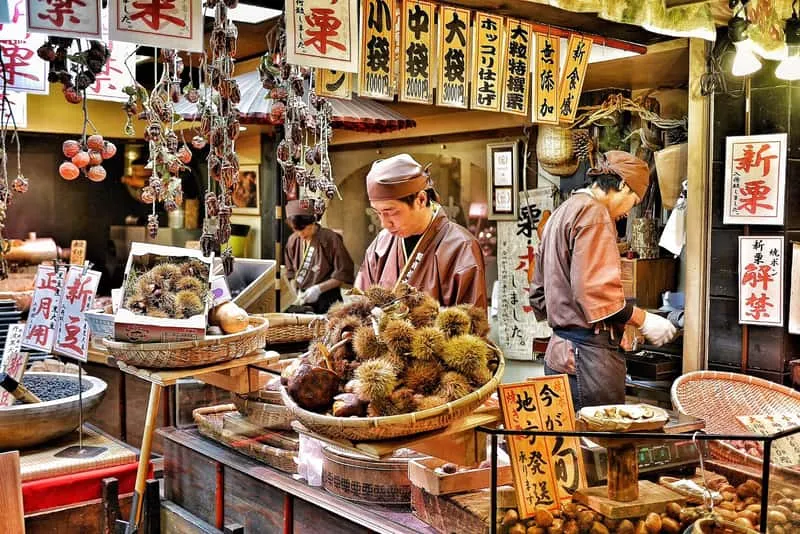 Depachika food hall counters sampled with a local guide on a nishiki market kyoto food tour, Kyoto, Japan
